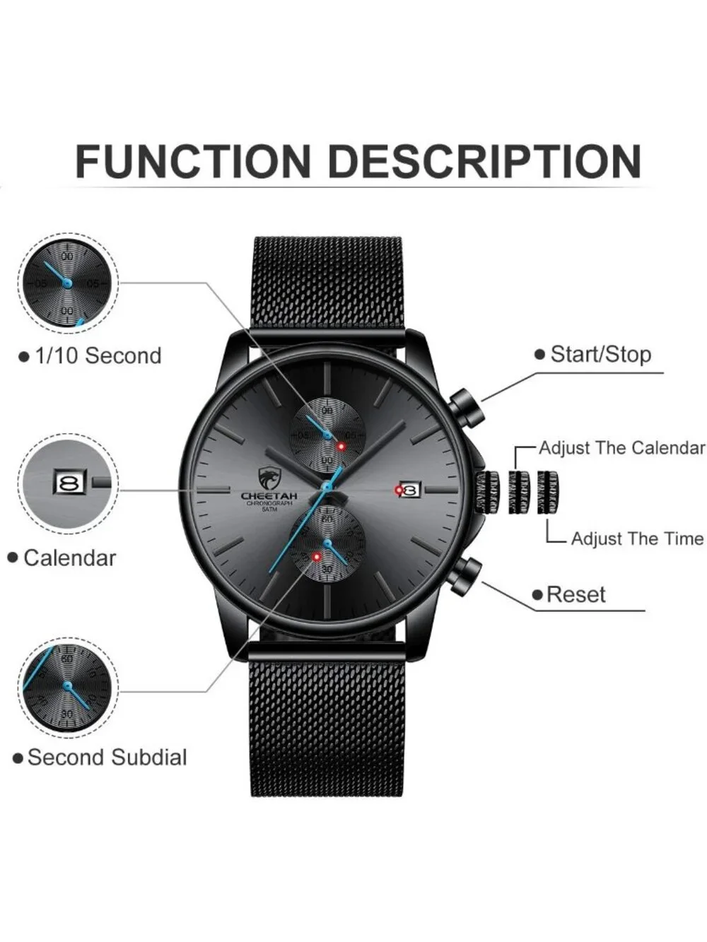 Men's Blue Mesh Stainless Steel Minimalist Quartz Analog Chronograph Wristwatch